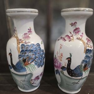 Vintage Hand-Painted Asian Porcelain Bud Vase Set | Peacock & Floral Design |
